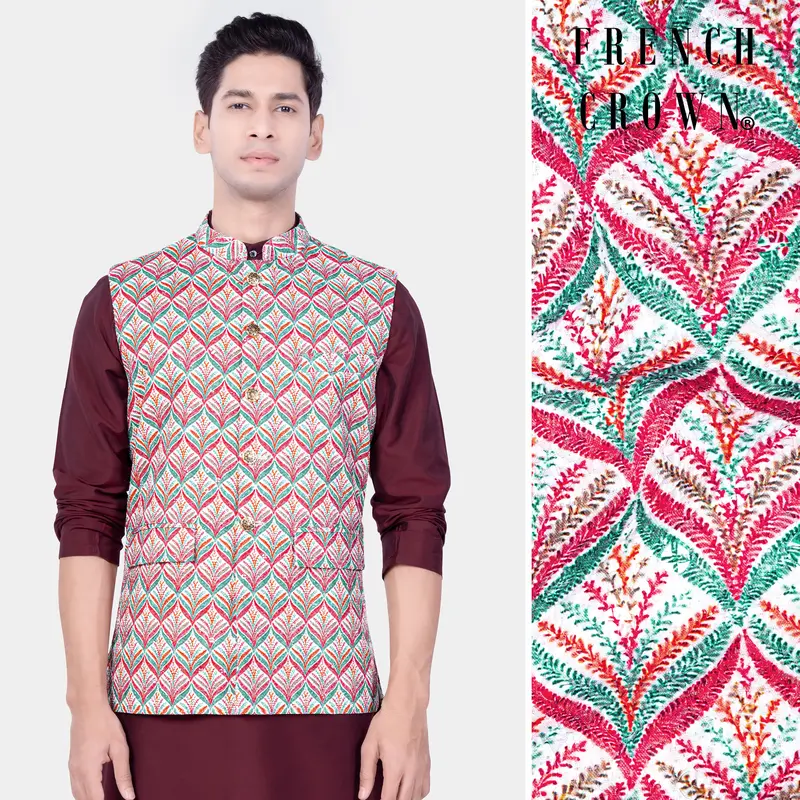 Shiraz Red And Lochinvar Blue Designer Thread Embroidered Nehru Jacket 1