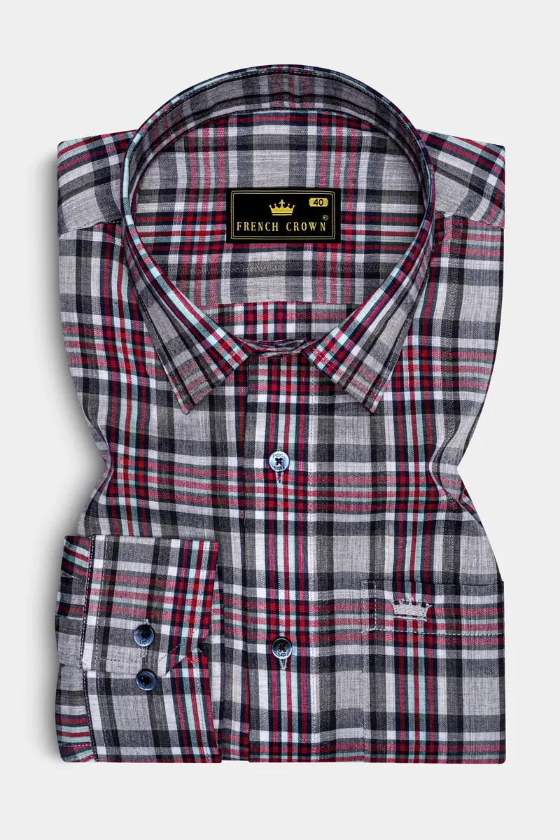 Shiraz Red With Fedora Gray Plaid Premium Cotton Shirt 4