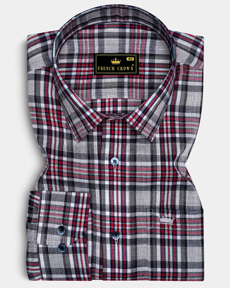 Shiraz Red With Fedora Gray Plaid Premium Cotton Shirt 6