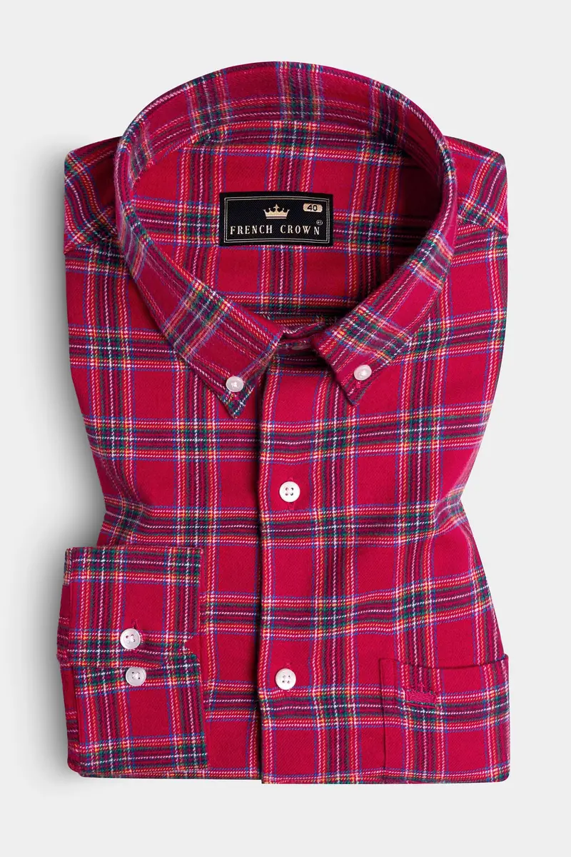 Shiraz Red With Mariner Blue Plaid Flannel Button Down Shirt 3