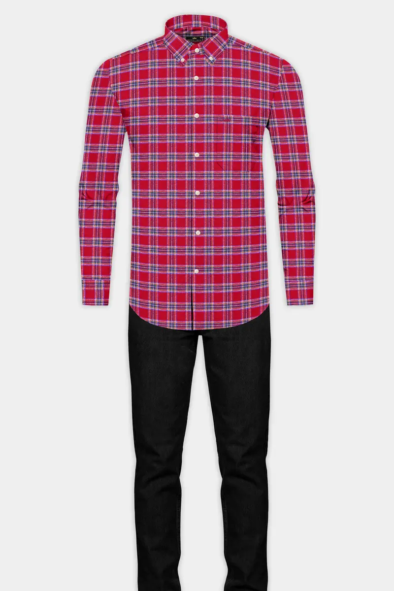 Shiraz Red With Mariner Blue Plaid Flannel Button Down Shirt 6