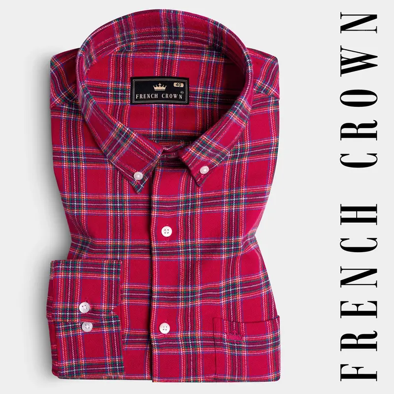 Shiraz Red With Mariner Blue Plaid Flannel Button Down Shirt 7