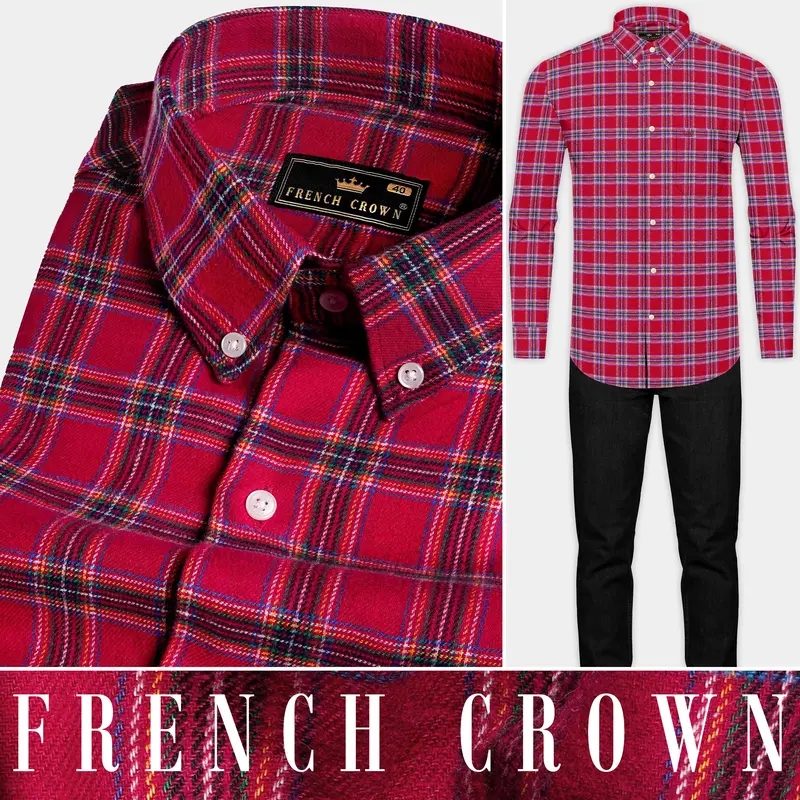 Shiraz Red With Mariner Blue Plaid Flannel Button Down Shirt 9