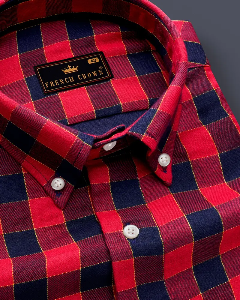 Shiraz Red With Topaz Blue Plaid Twill Premium Cotton Shirt 1