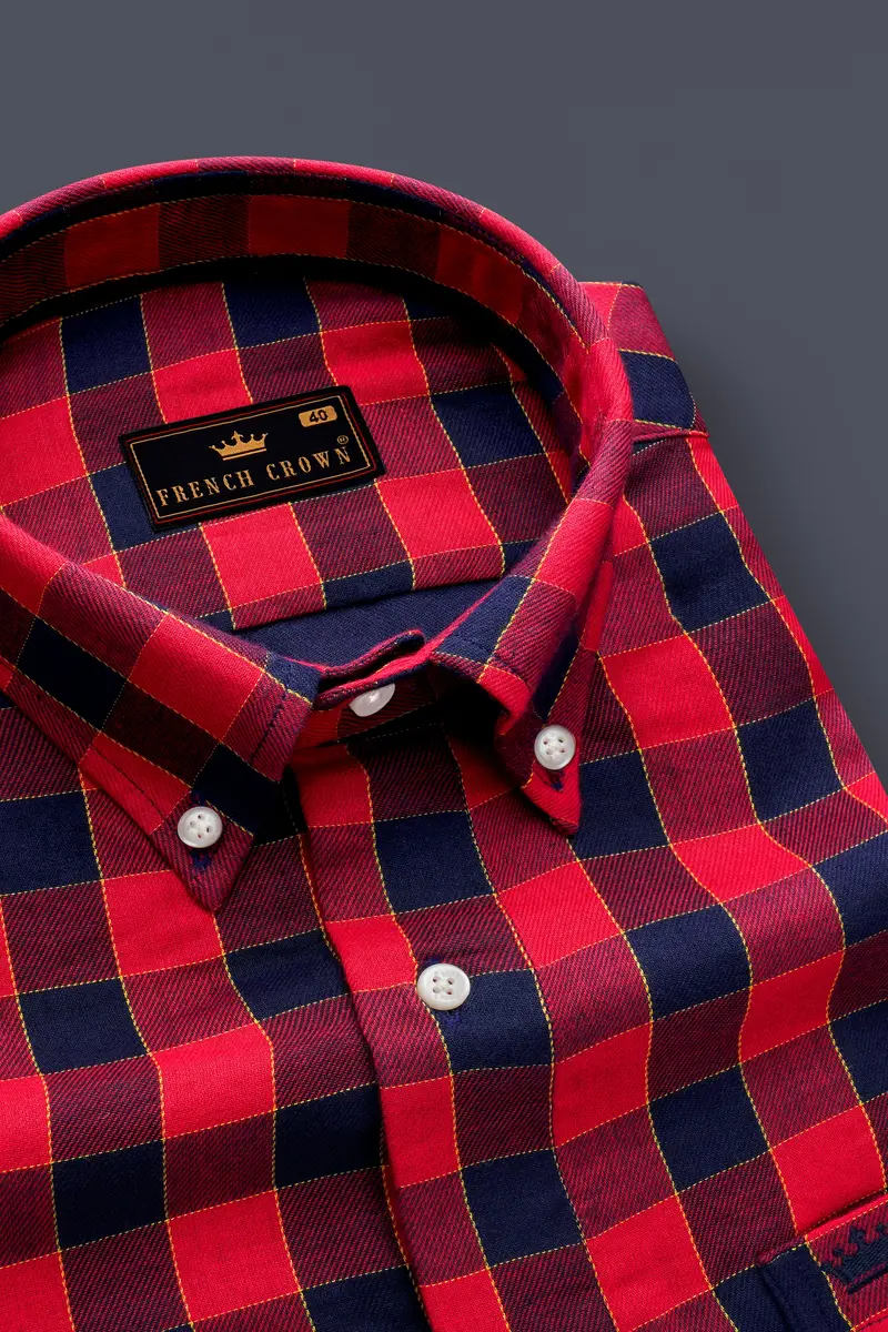 Shiraz Red With Topaz Blue Plaid Twill Premium Cotton Shirt 2