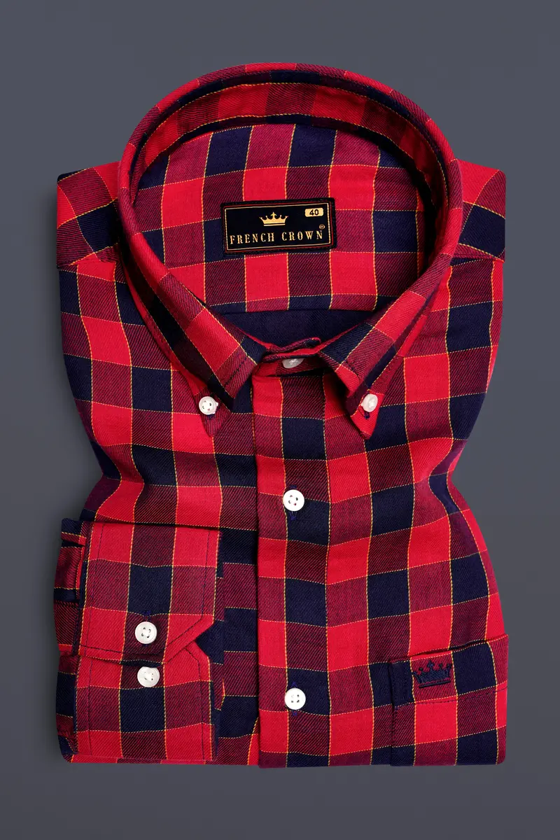 Shiraz Red With Topaz Blue Plaid Twill Premium Cotton Shirt 4