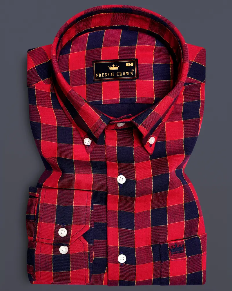 Shiraz Red With Topaz Blue Plaid Twill Premium Cotton Shirt 6