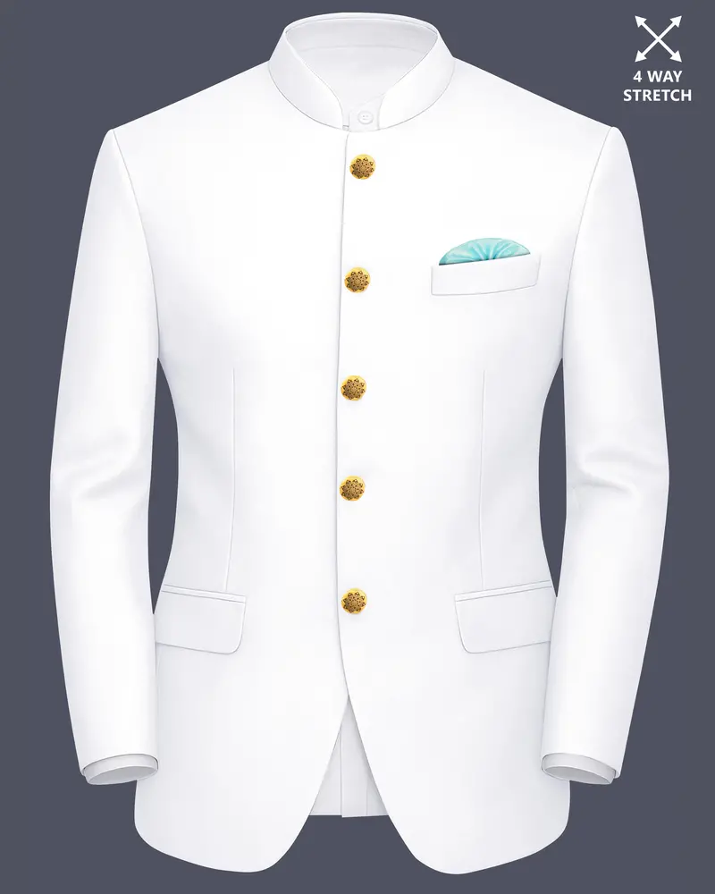 Shiro-Japanese Bright White 4-Way Stretch Wrinkle-Free Wool Rich Bandhgala Blazer 1