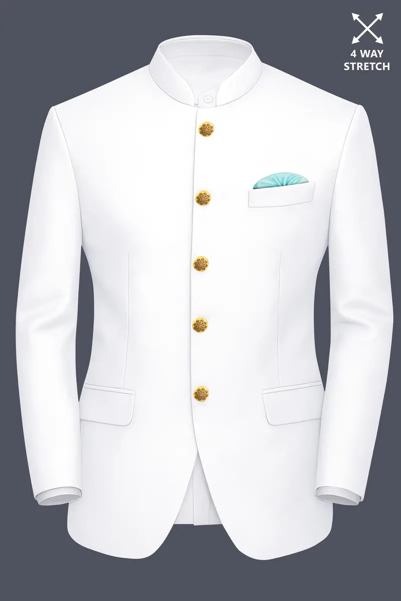 Shiro-Japanese Bright White 4-Way Stretch Wrinkle-Free Wool Rich Bandhgala Blazer 2