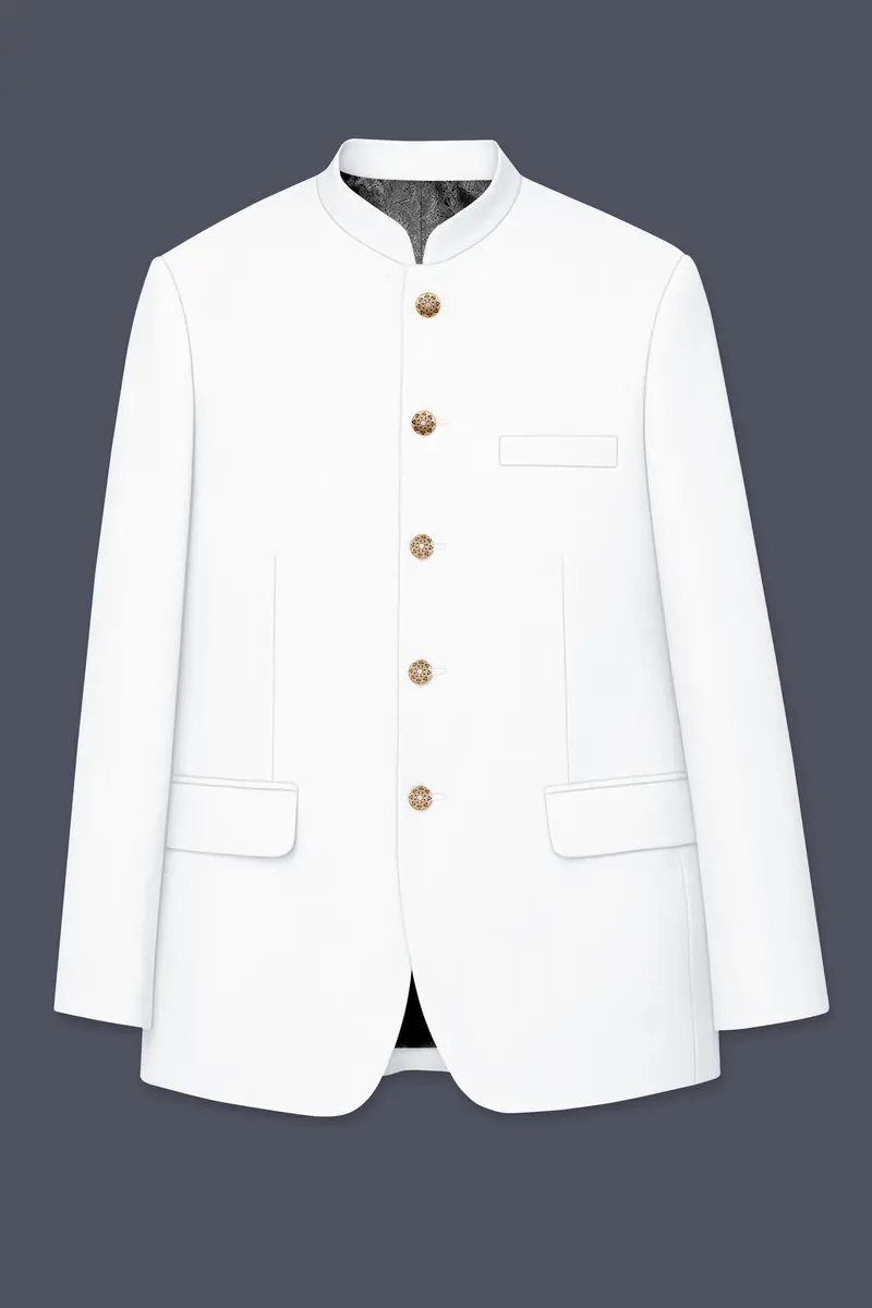 Shiro-Japanese Bright White 4-Way Stretch Wrinkle-Free Wool Rich Bandhgala Blazer 6
