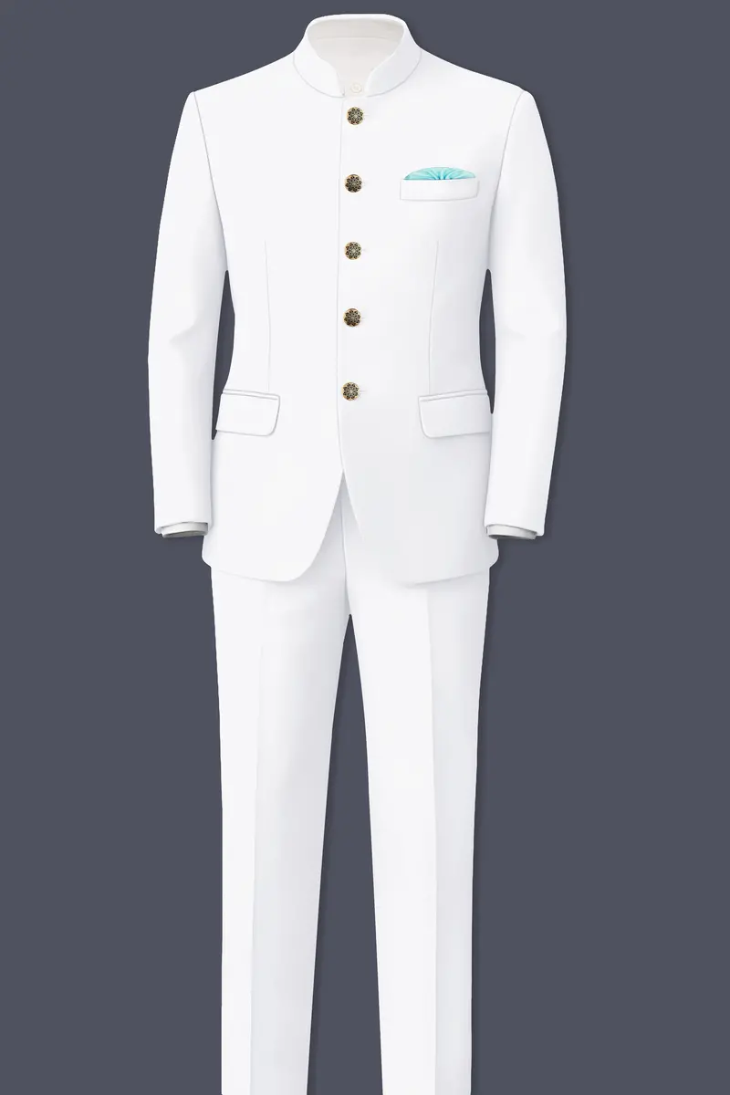 Shiro-Japanese Bright White 4-Way Stretch Wrinkle-Free Wool Rich Bandhgala Blazer 8