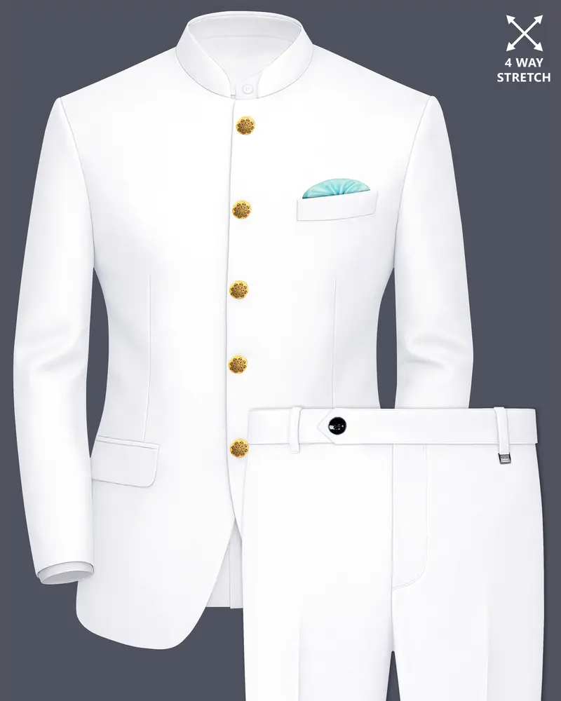 Shiro-Japanese Bright White 4-Way Stretch Wrinkle-Free Wool Rich Bandhgala Suit 1