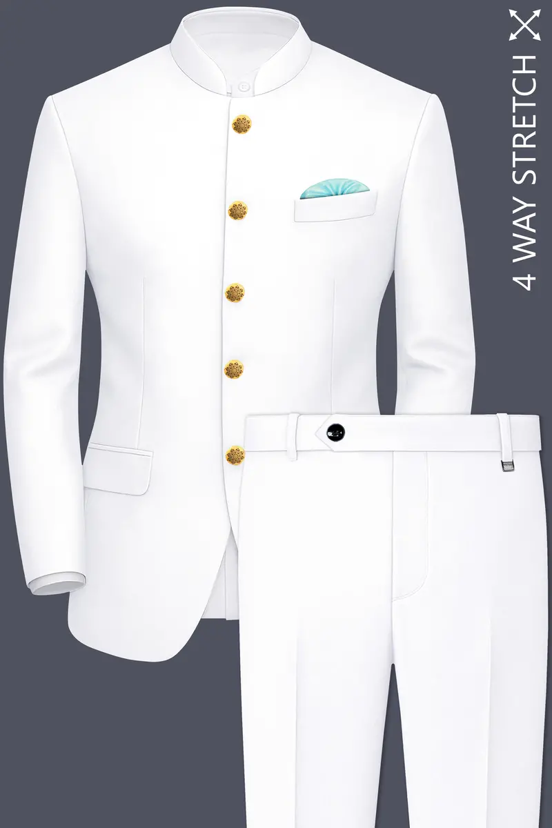 Shiro-Japanese Bright White 4-Way Stretch Wrinkle-Free Wool Rich Bandhgala Suit 2