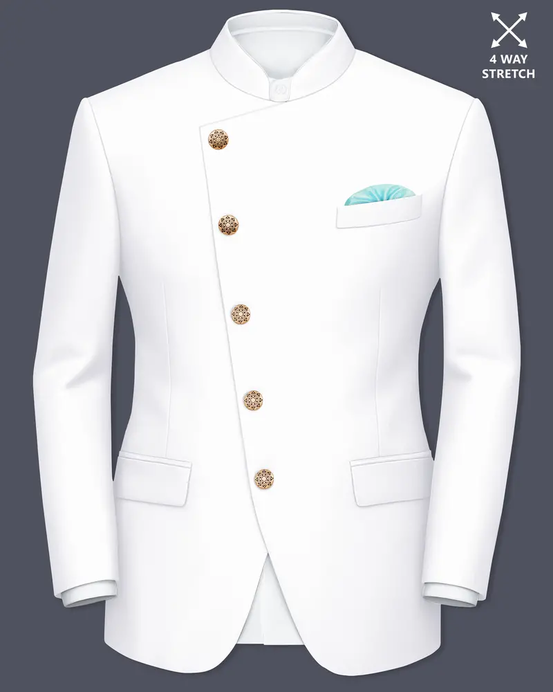 Shiro-Japanese Bright White 4-Way Stretch Wrinkle-Free Wool Rich Cross Placket Bandhgala Blazer 1
