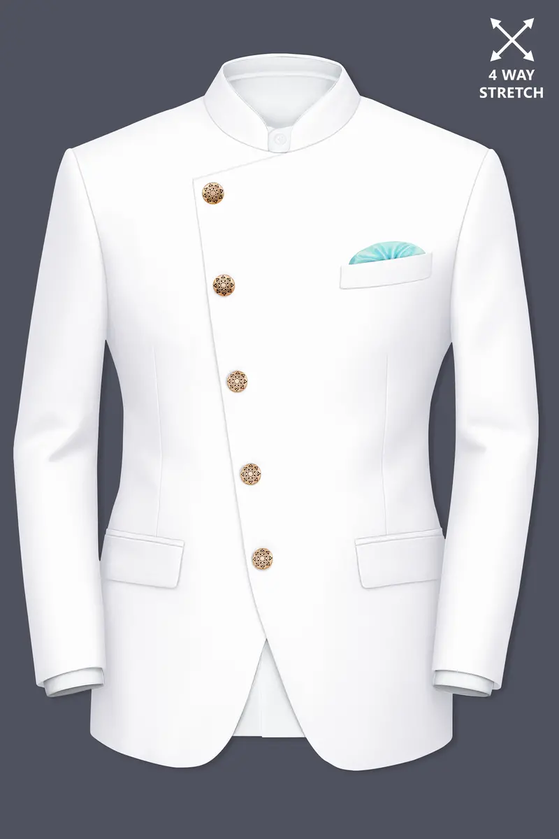 Shiro-Japanese Bright White 4-Way Stretch Wrinkle-Free Wool Rich Cross Placket Bandhgala Blazer 2