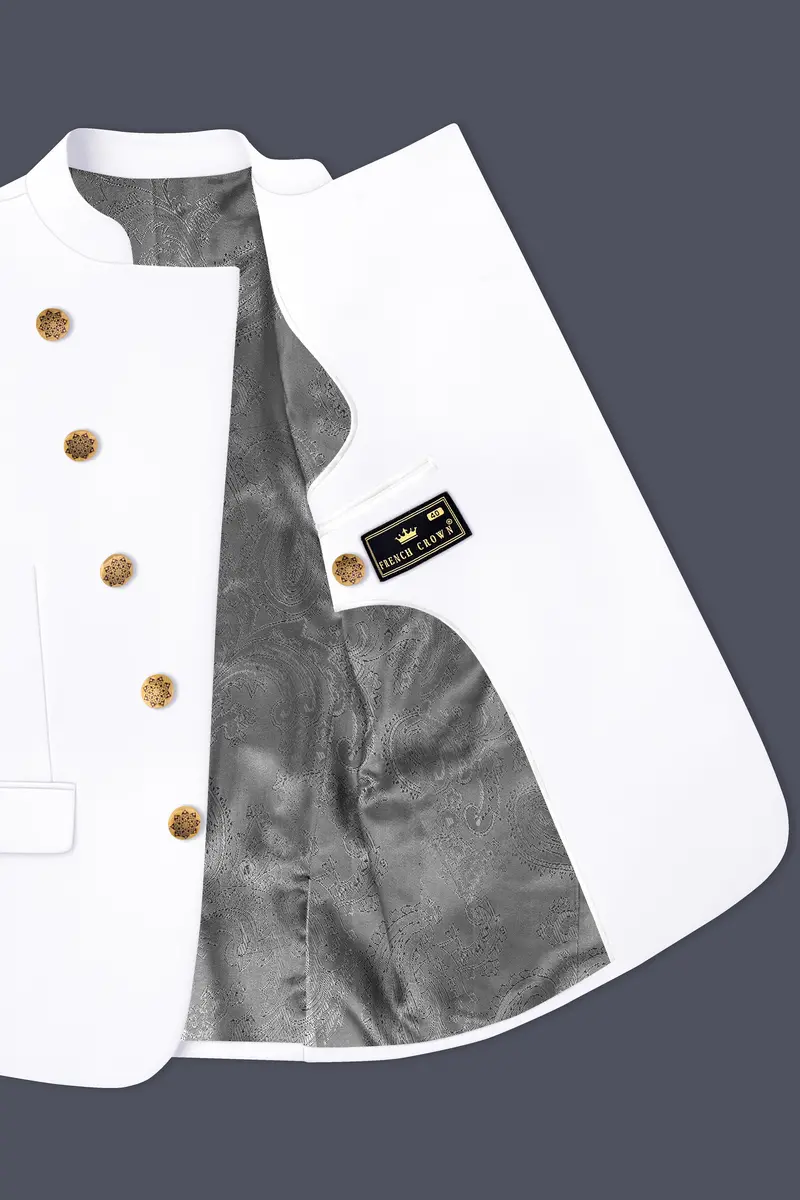 Shiro-Japanese Bright White 4-Way Stretch Wrinkle-Free Wool Rich Cross Placket Bandhgala Blazer 4