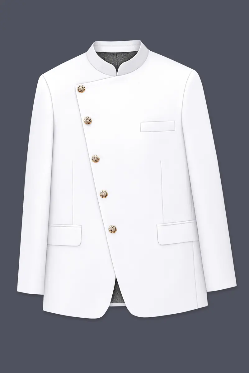 Shiro-Japanese Bright White 4-Way Stretch Wrinkle-Free Wool Rich Cross Placket Bandhgala Blazer 6