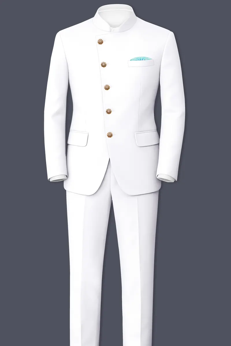 Shiro-Japanese Bright White 4-Way Stretch Wrinkle-Free Wool Rich Cross Placket Bandhgala Blazer 8