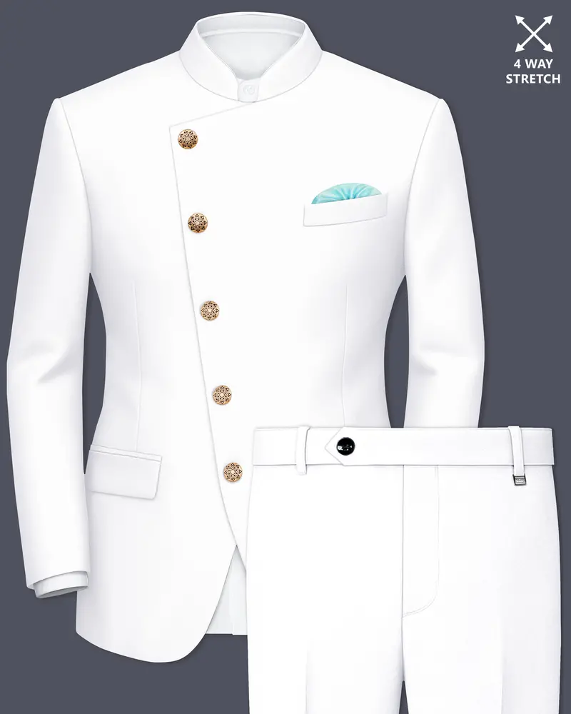 Shiro-Japanese Bright White 4-Way Stretch Wrinkle-Free Wool Rich Cross Placket Bandhgala Suit 1