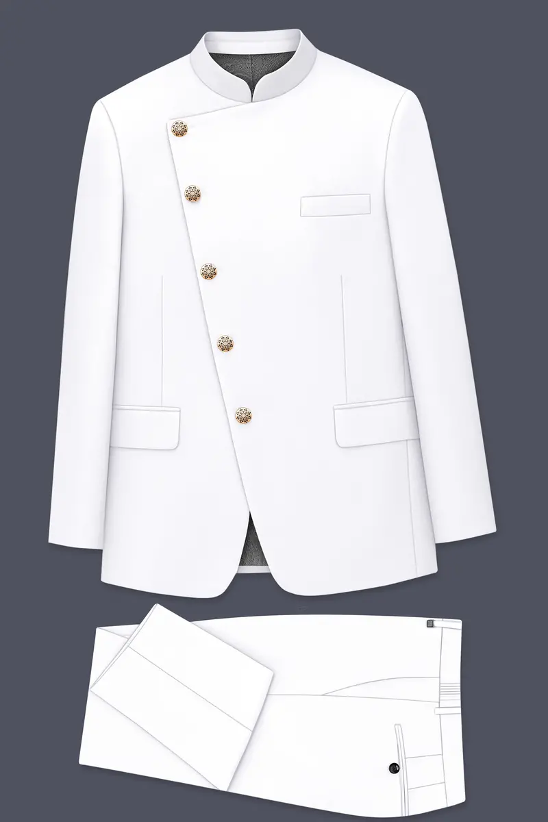Shiro-Japanese Bright White 4-Way Stretch Wrinkle-Free Wool Rich Cross Placket Bandhgala Suit 10