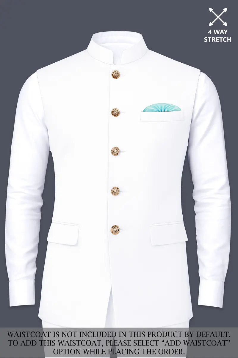 Shiro-Japanese Bright White 4-Way Stretch Wrinkle-Free Wool Rich Cross Placket Bandhgala Suit 15