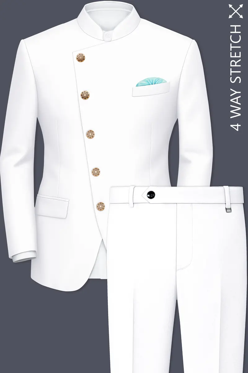 Shiro-Japanese Bright White 4-Way Stretch Wrinkle-Free Wool Rich Cross Placket Bandhgala Suit 2
