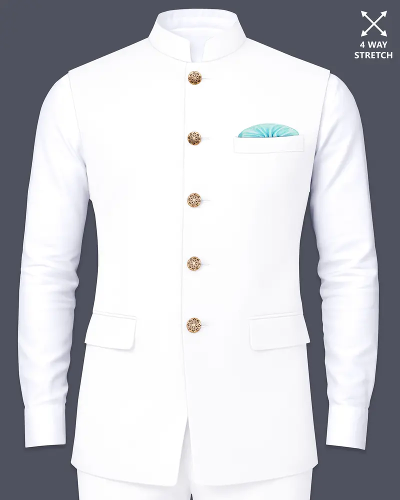 Shiro-Japanese Bright White 4-Way Stretch Wrinkle-Free Wool Rich Nehru Jacket 1