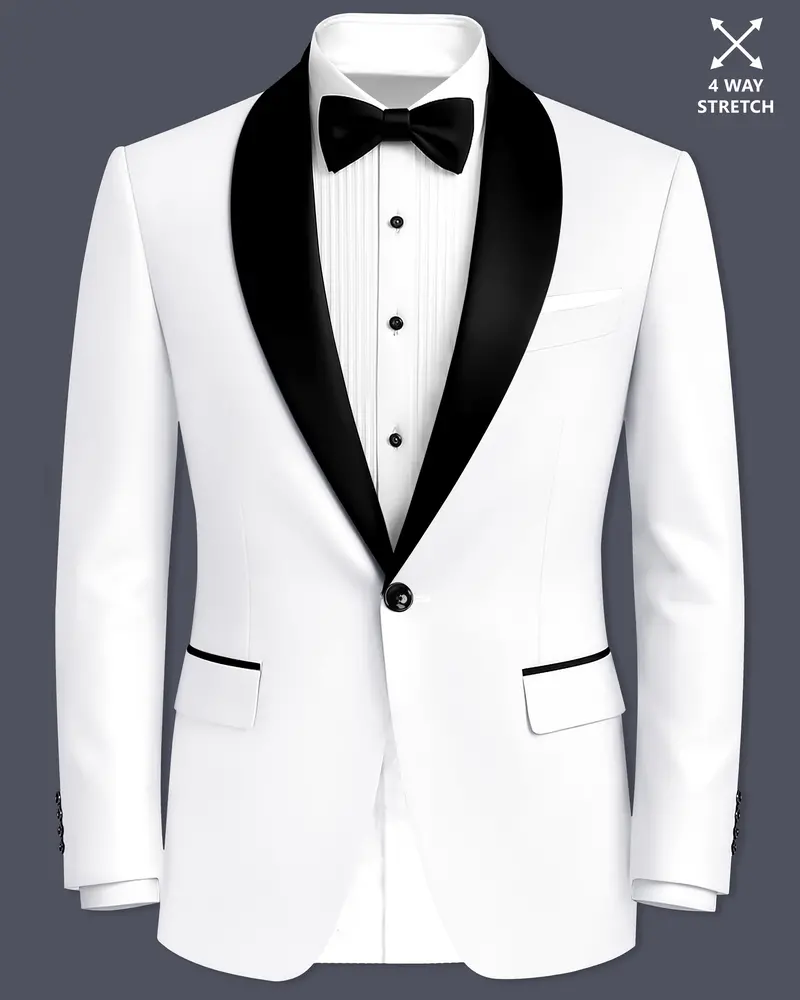 Shiro-Japanese Bright White 4-Way Stretch Wrinkle-Free Wool Rich Tuxedo Blazer 1