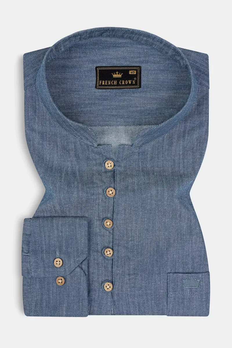 Shuttle Blue Heavyweight Luxurious Linen Kurta Shirt 2