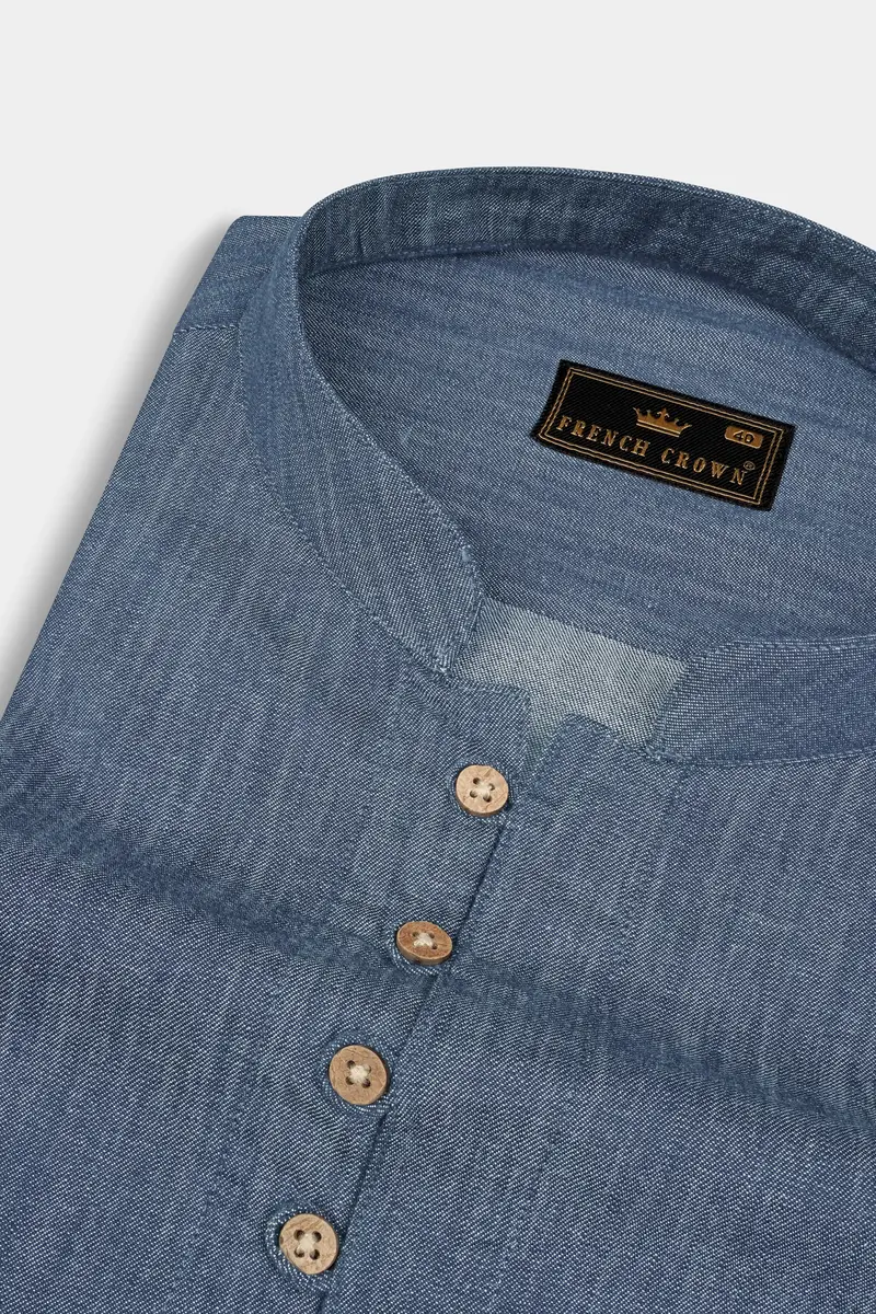 Shuttle Blue Heavyweight Luxurious Linen Kurta Shirt 4