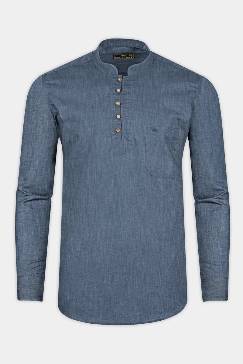 Shuttle Blue Heavyweight Luxurious Linen Kurta Shirt 5