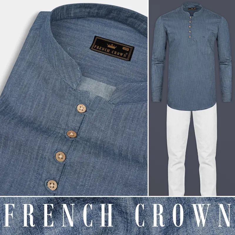 Shuttle Blue Heavyweight Luxurious Linen Kurta Shirt 9