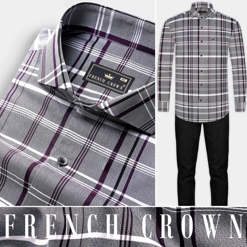 Shuttle Gray And Revolver Purple Checked Dobby Textured Premium Giza Cotton Shirt 10