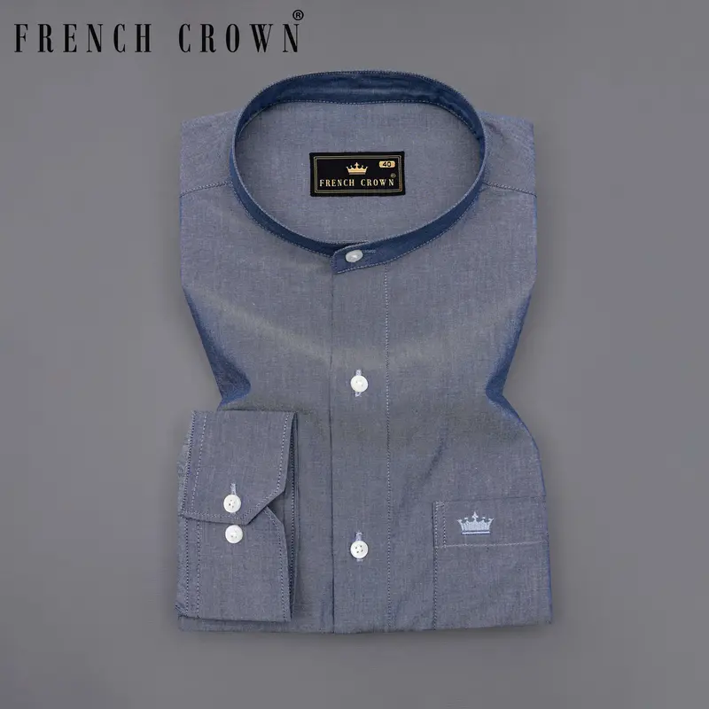 Shuttle Gray Chambray Mandarin Collared Shirt 11