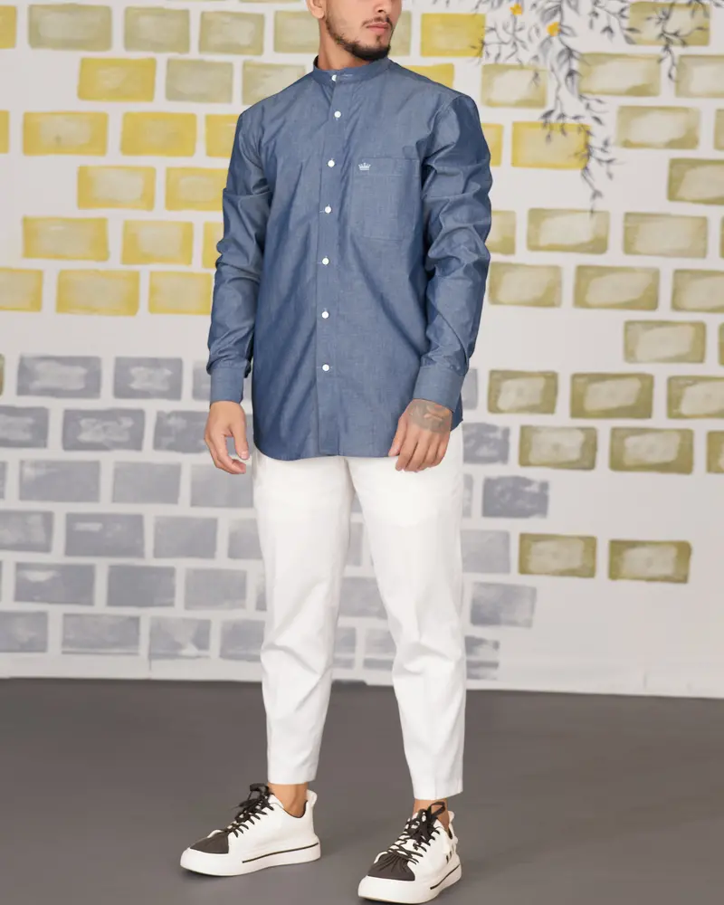 Shuttle Gray Chambray Mandarin Collared Shirt 7