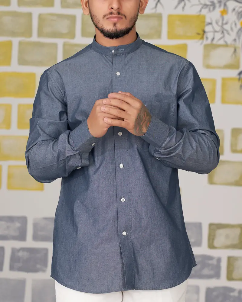 Shuttle Gray Chambray Mandarin Collared Shirt 8