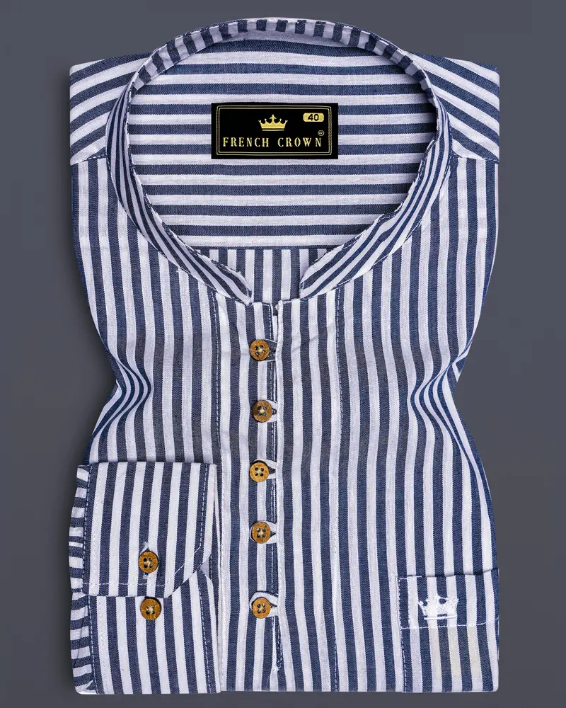 Shuttle Grey And White Striped Premium Cotton Kurta Shirt 1
