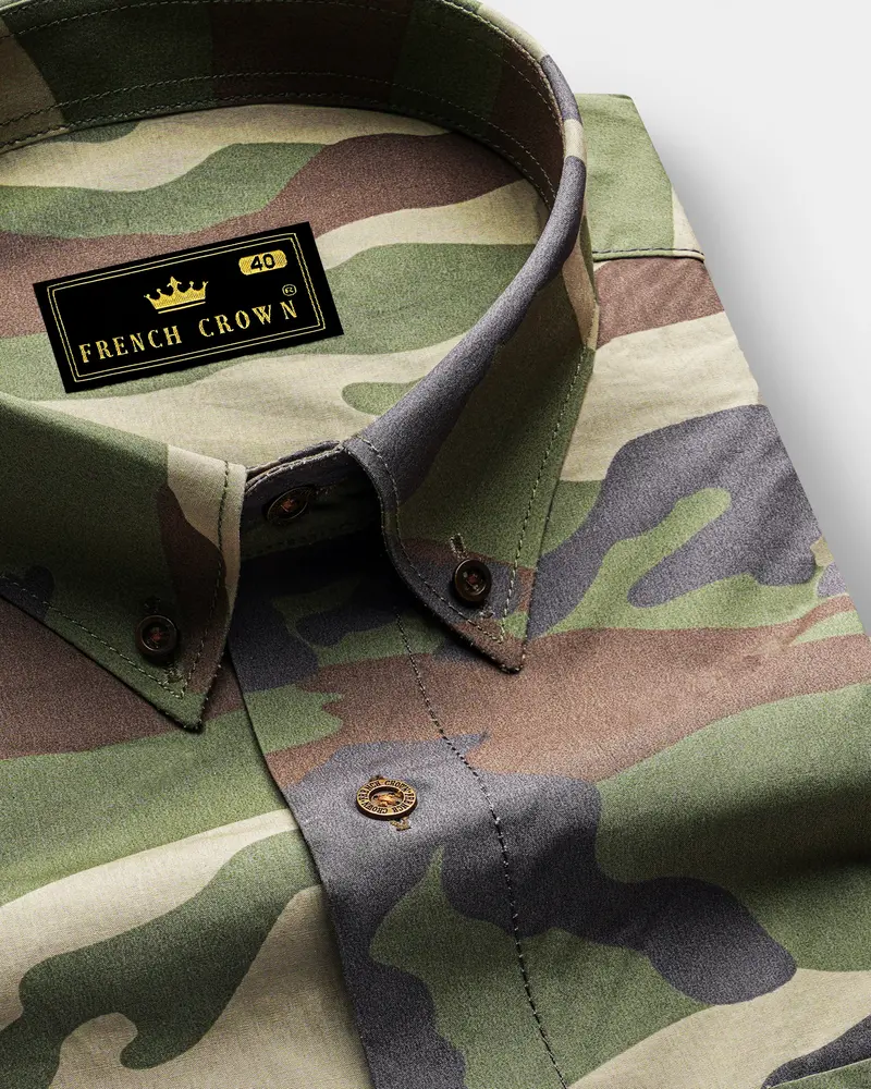 Siam Green With Wenge Brown Camouflage Printed Royal Oxford Shirt 1