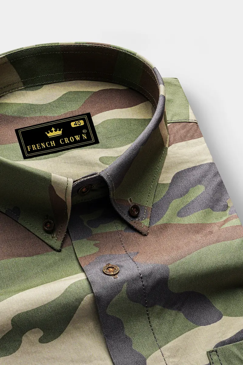 Siam Green With Wenge Brown Camouflage Printed Royal Oxford Shirt 2