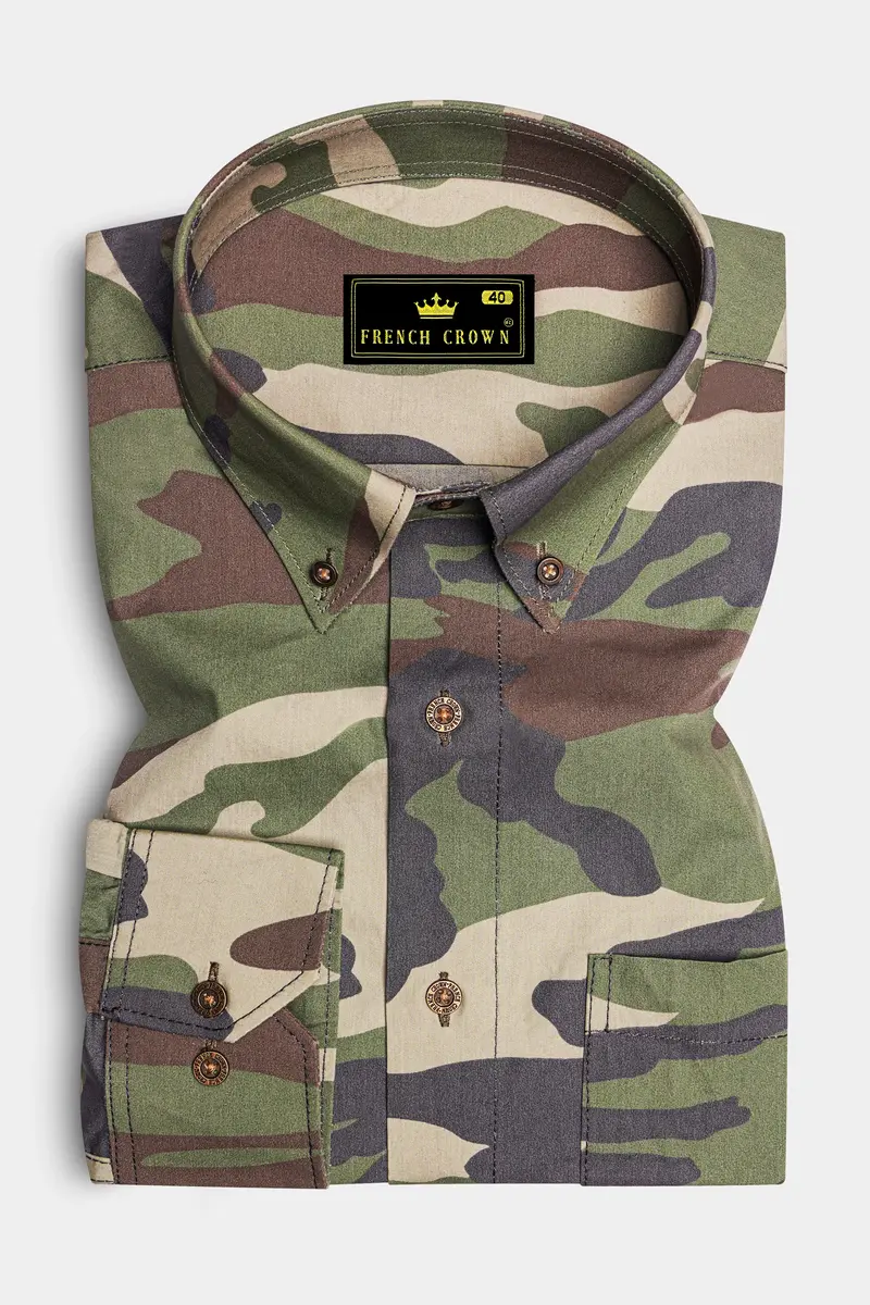 Siam Green With Wenge Brown Camouflage Printed Royal Oxford Shirt 4