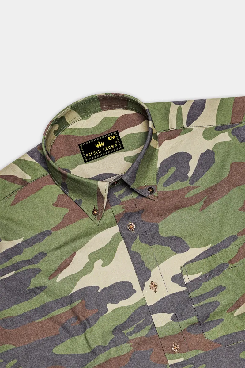 Siam Green With Wenge Brown Camouflage Printed Royal Oxford Shirt 5