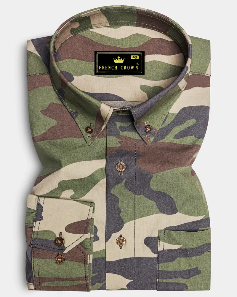 Siam Green With Wenge Brown Camouflage Printed Royal Oxford Shirt 6