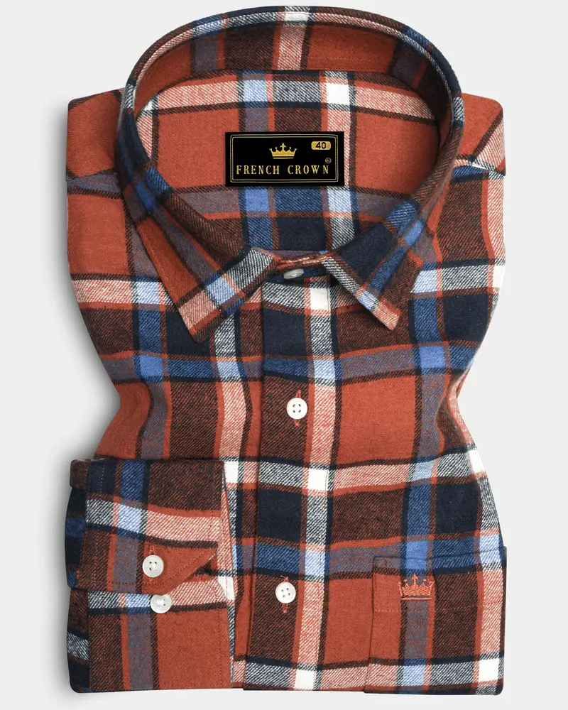 Sienna Brown With Black And Havelock Blue Plaid Flannel Overshirt/Shacket 6