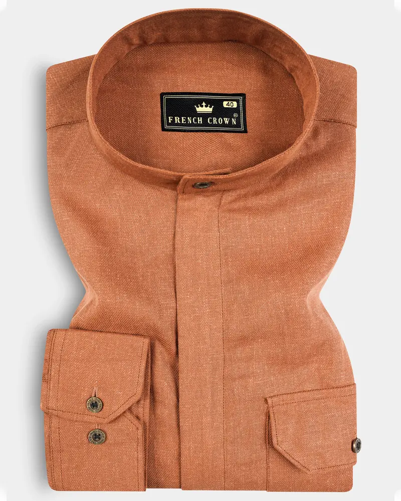 Sienna Orange Solid Textured Luxurious Linen Designer Overshirt/Shacket 1