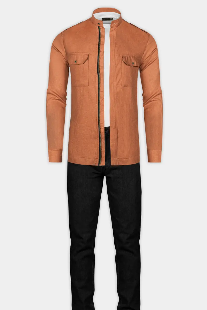 Sienna Orange Solid Textured Luxurious Linen Designer Overshirt/Shacket 8