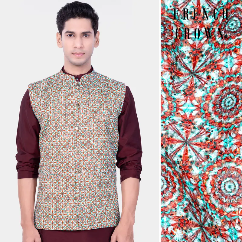 Sienna Red Tron Blue Designer Thread Embroidered Nehru Jacket 1