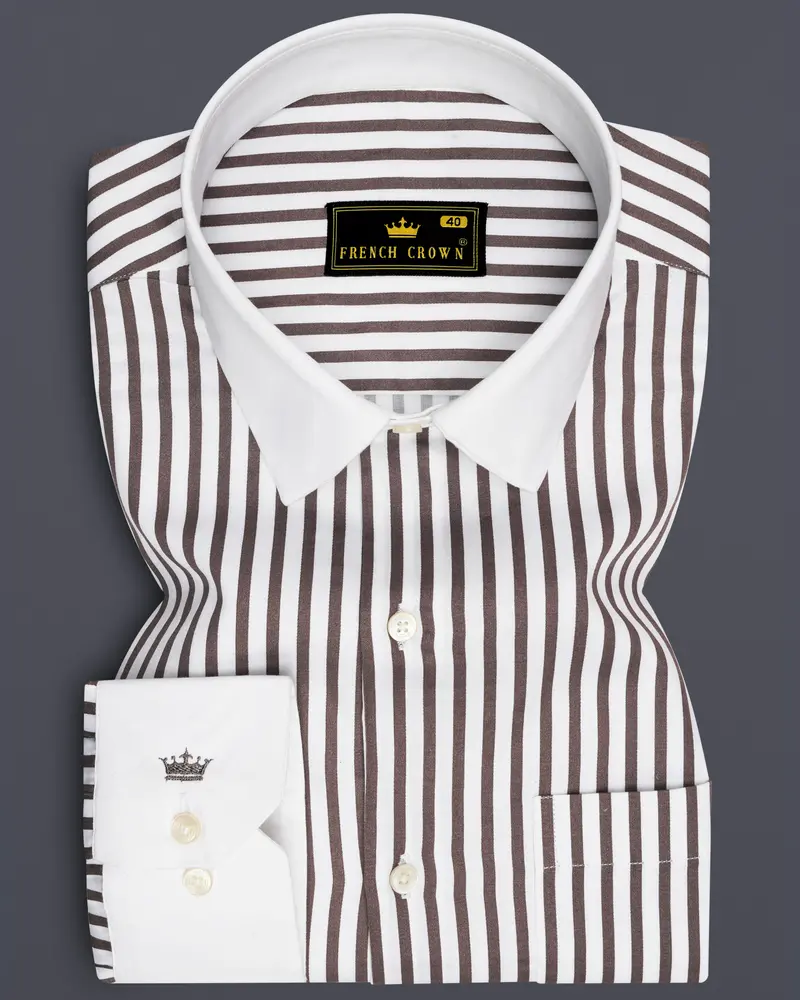 Sienna-Russett Brown And Bright White Candy Striped Super Soft Premium Cotton Dress White Cuff Collar Shirt 1