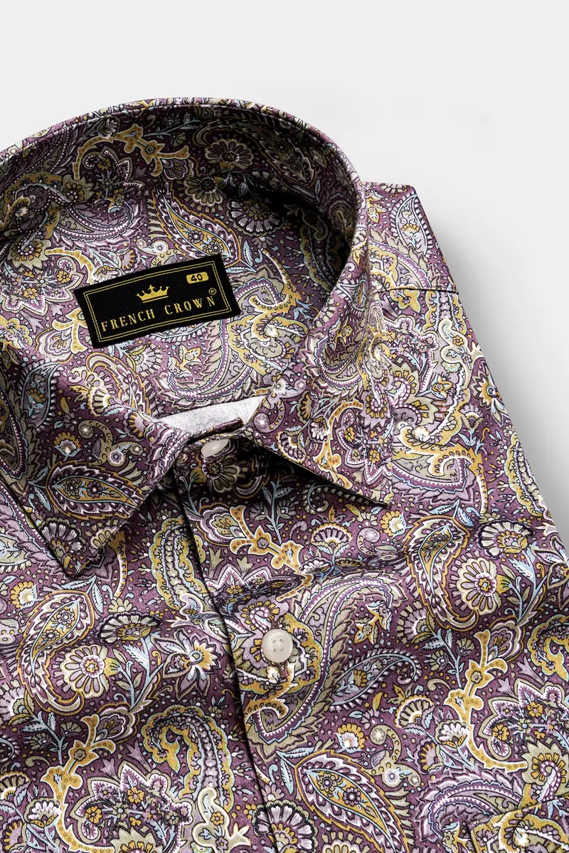 Siennaorchid-Viola Purple And Desert Yellow Multi Color Paisley Printed Subtle Sheen Super Soft Premium Cotton Dress Shirt 1