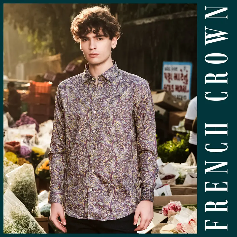 Siennaorchid-Viola Purple And Desert Yellow Multi Color Paisley Printed Subtle Sheen Super Soft Premium Cotton Dress Shirt 11