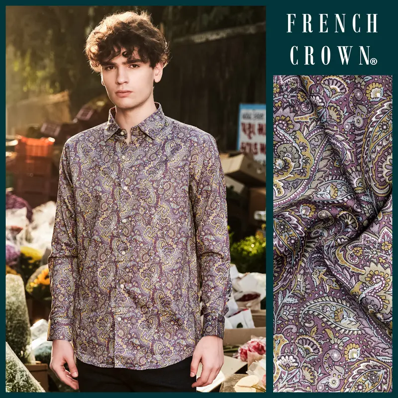 Siennaorchid-Viola Purple And Desert Yellow Multi Color Paisley Printed Subtle Sheen Super Soft Premium Cotton Dress Shirt 12